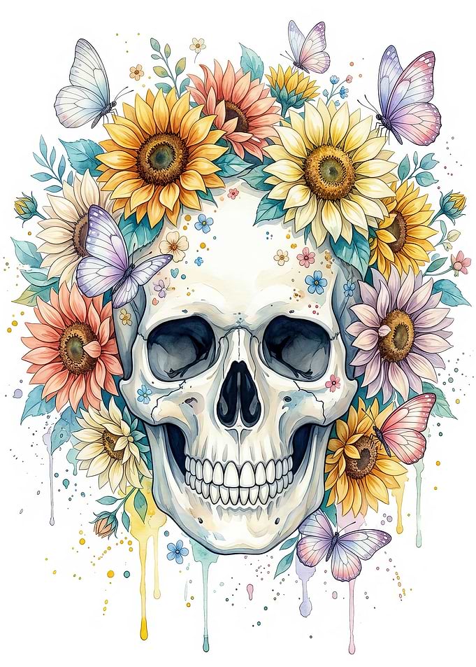 Skull with Sunflowers and Butterflies