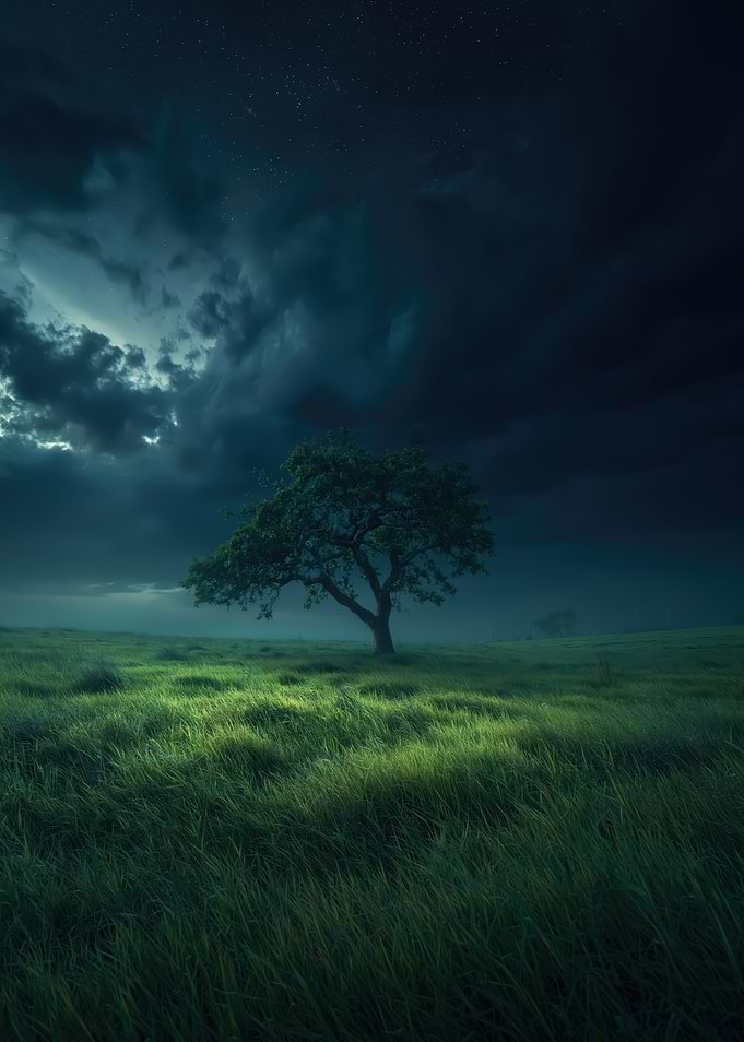 Solitary Tree Under Stormy Night Sky