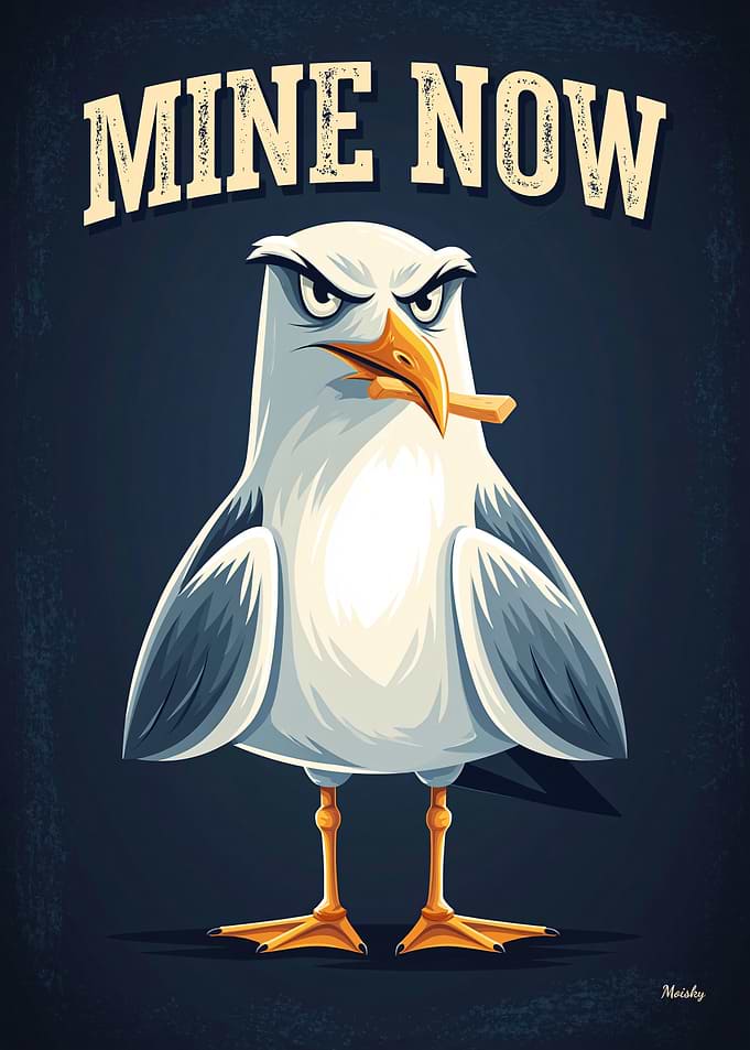 Mine Now Seagull – Funny Cartoon Poster
