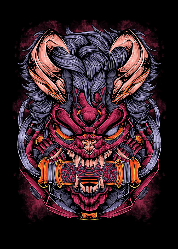 Internal Oni Mask - Crimson Demon Samurai Art