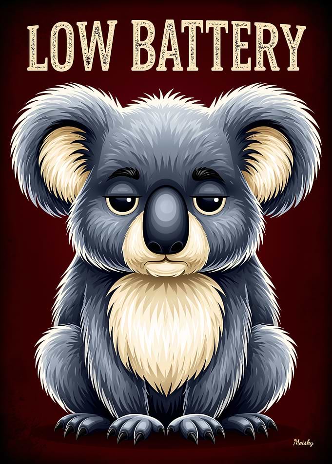 Low Battery Koala – Funny Tired Cartoon Poster