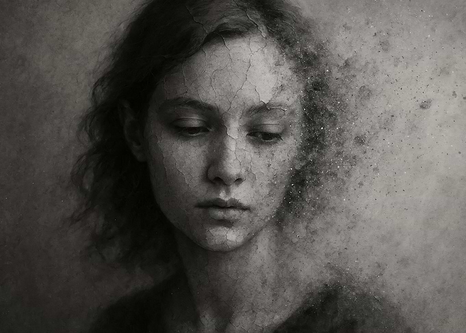 Seeing Time Through Shadows - A Woman's face dissolving into dust