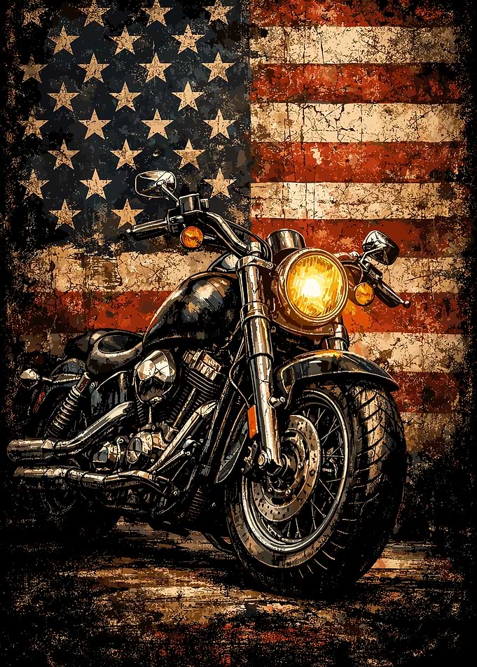 Motorcycle American Flag Poster, Grunge Cruiser Bike Wall Art, Patriotic Biker Print