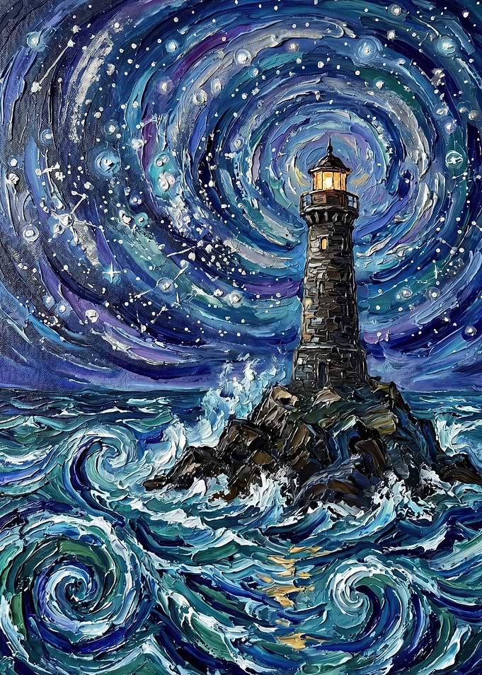 Lighthouse in a Starry Swirl
