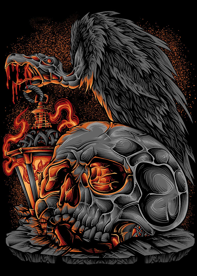 Dark Raven Skull - Flaming Gothic Horror Art