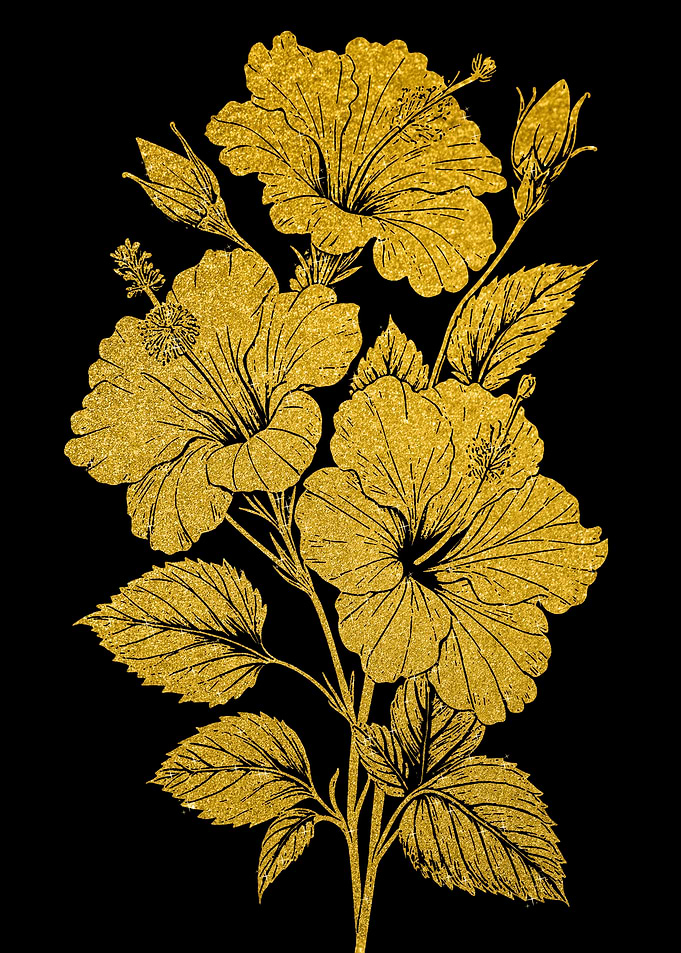 Golden Hibiscus Flowers on Black