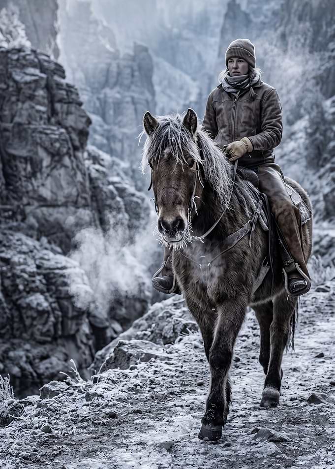 Woman riding a horse in a snowy canyon