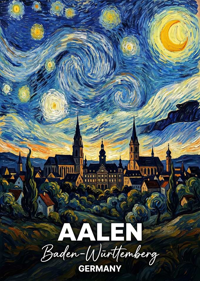 Aalen Germany Cityscape in Starry Night Style