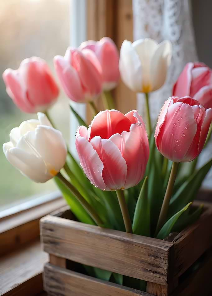 Pink and White Tulips in Wooden Crate