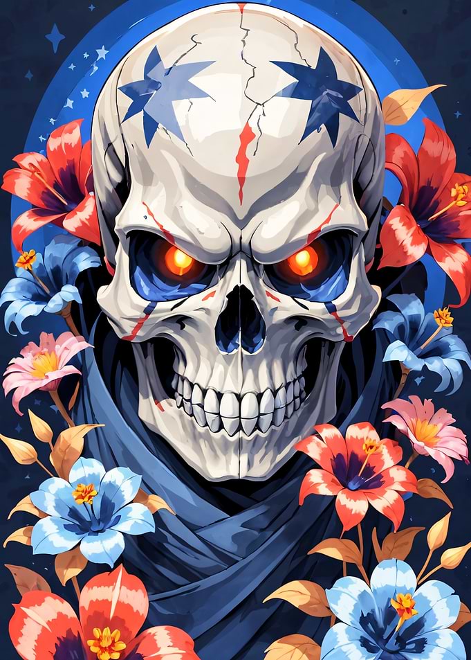 Skull with Flowers and Stars