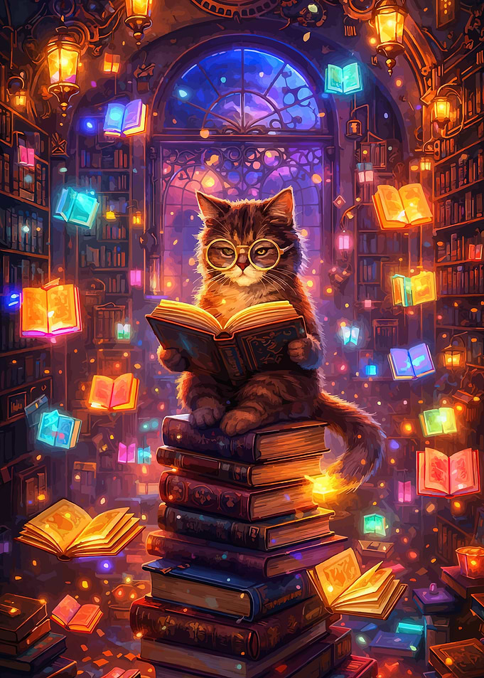 Magical Cat Reading in a Library