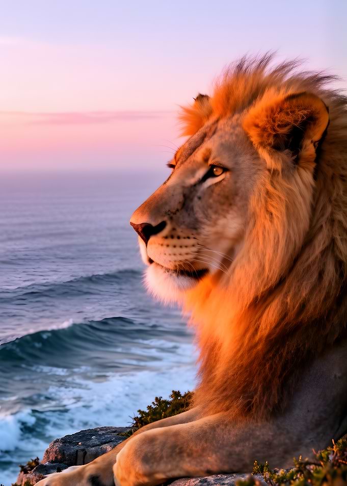 Lion on cliff overlooking ocean at sunset