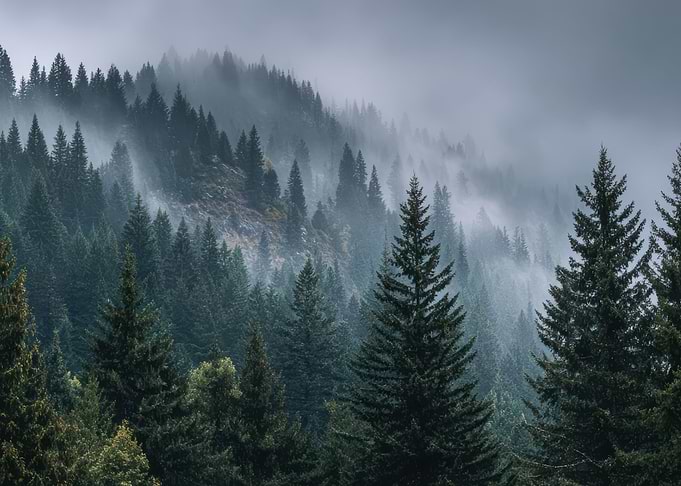 Misty Pine Forest on a Mountain