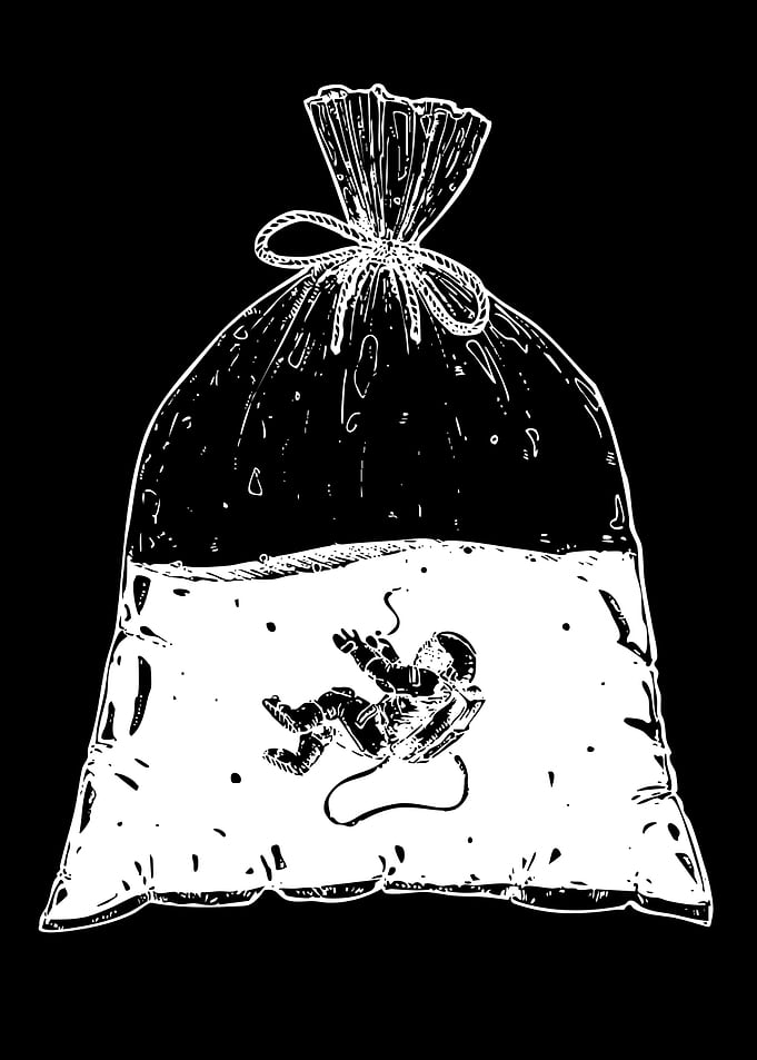 Astronaut floating in a bag of water