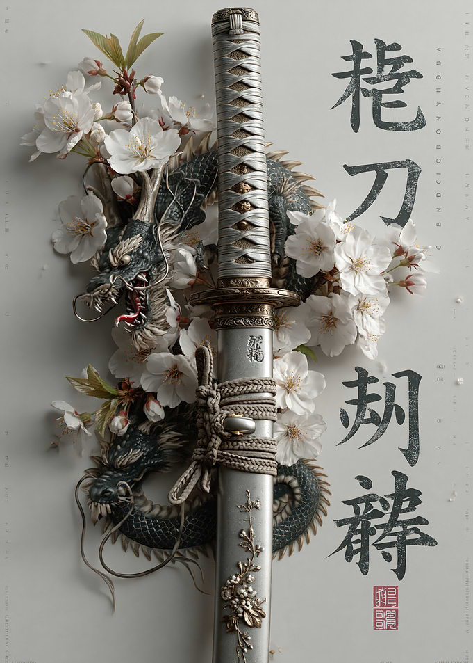 Samurai Sword with Dragon and Cherry Blossoms