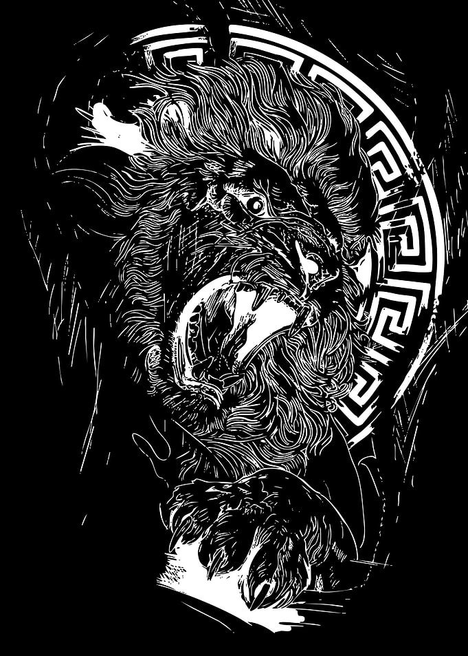 Fierce Lion Roaring with Greek Key Border