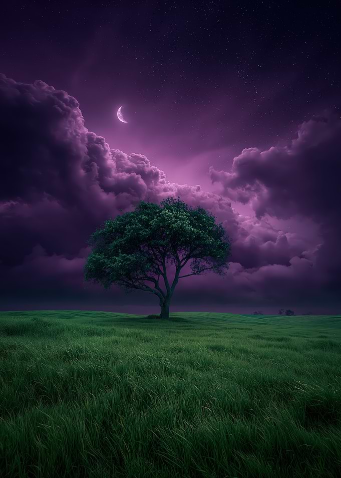 Mystical Night Landscape with Tree