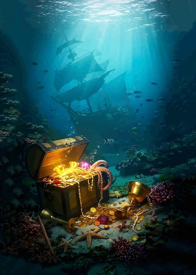 Underwater Treasure Chest with Sunken Ships
