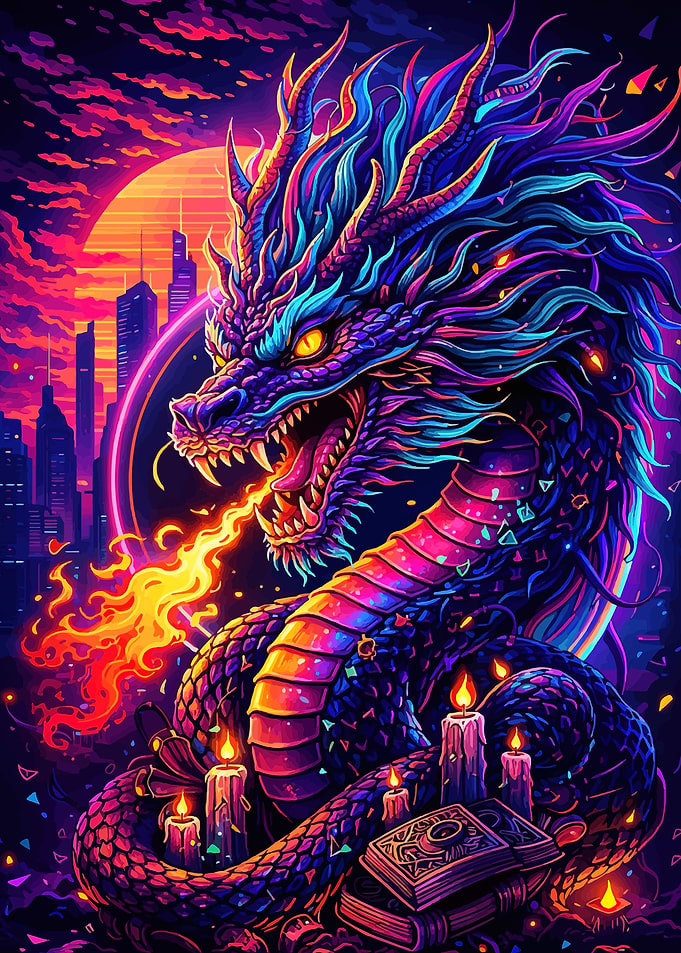 Neon Dragon Breathing Fire Over City