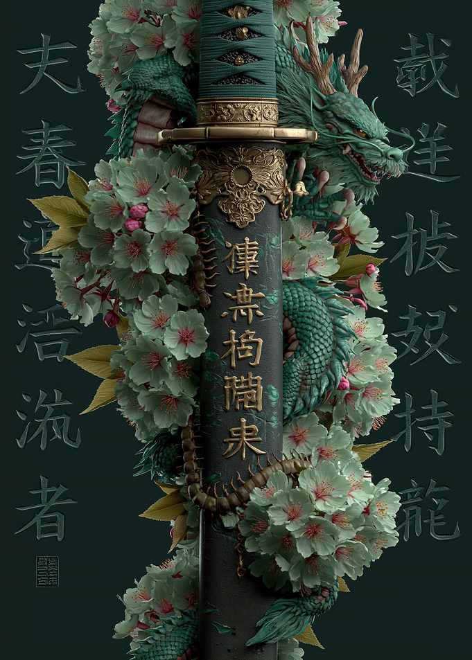 Dragon and Cherry Blossoms Katana