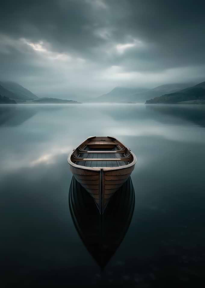 Serene Boat on Misty Lake