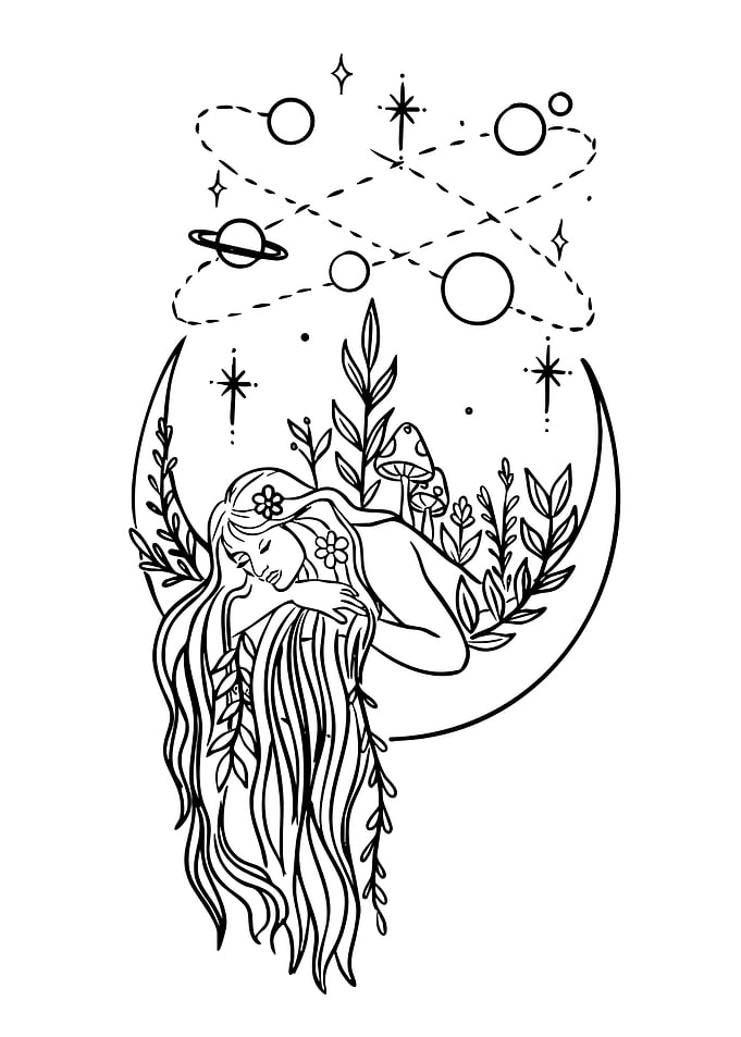 Celestial Woman in Crescent Moon Garden
