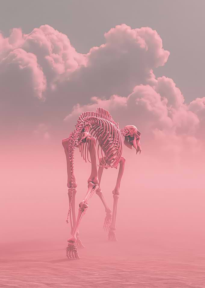 Pink Skeleton Creature in Foggy Landscape