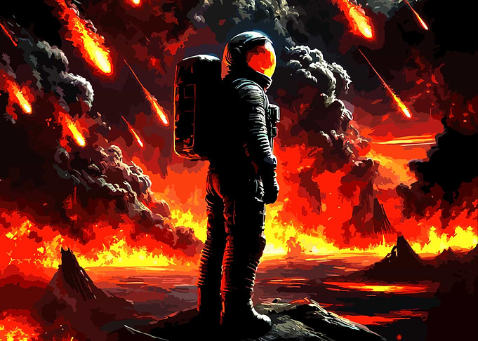 Astronaut in a fiery alien landscape