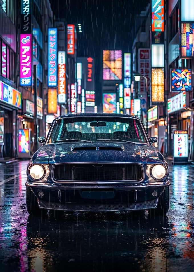 old Classic Car in Tokyo Neon City Rain