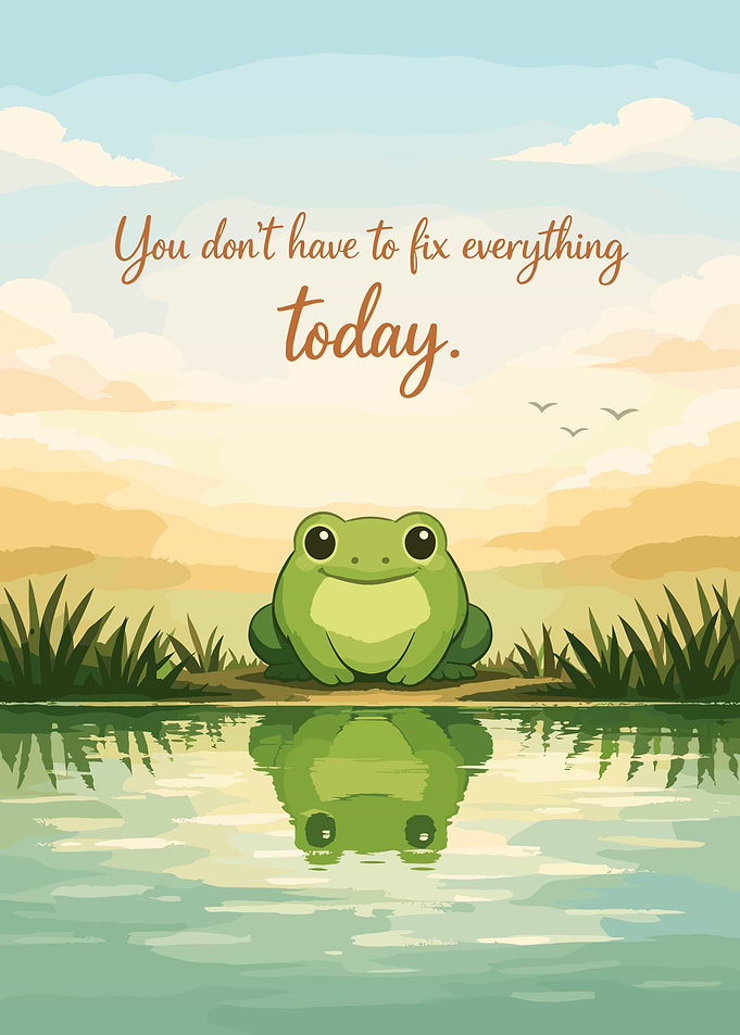 Cute Frog Sunset Poster, Tranquil Nature Wall Art, Peaceful Pond Landscape Print