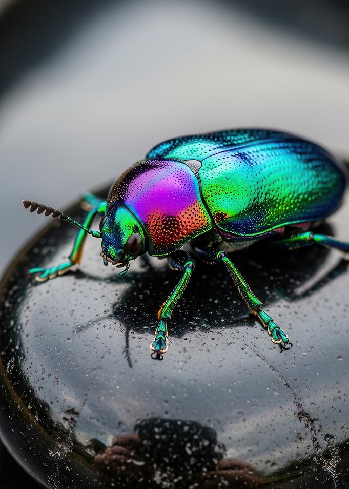 Iridescent Beetle on Black Stone