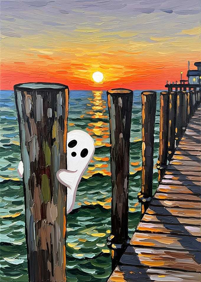 Ghost peeking from behind dock posts at sunset