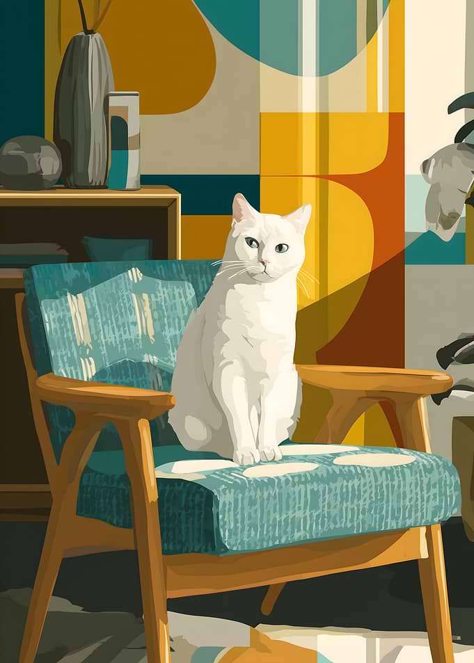 White cat on a retro chair