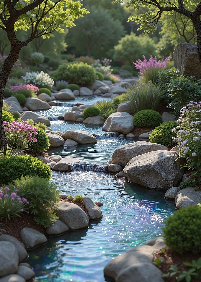 Serene Garden Stream with Flowers