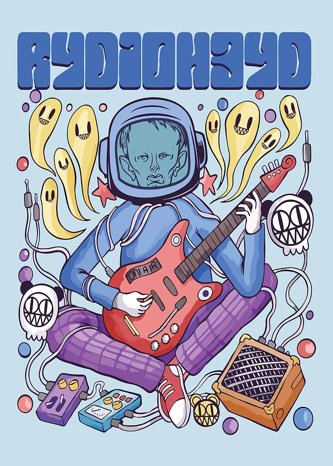 Astronaut playing guitar with ghosts Radiohead