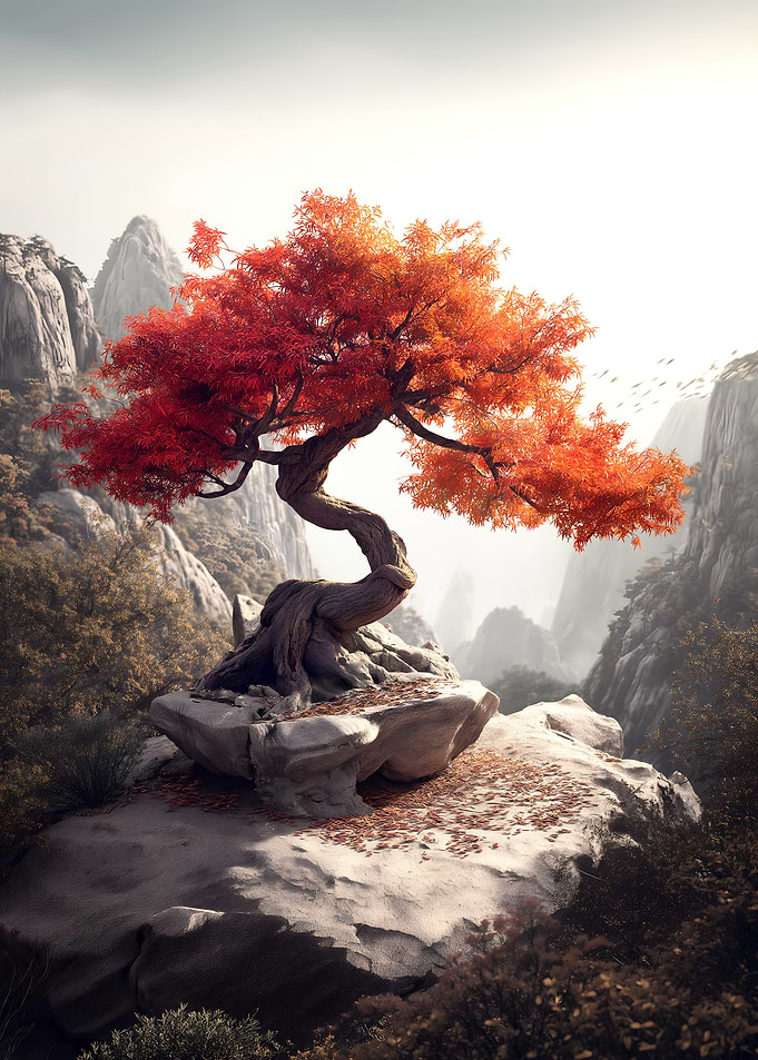 Autumn Bonsai Tree on Rocky Outcrop