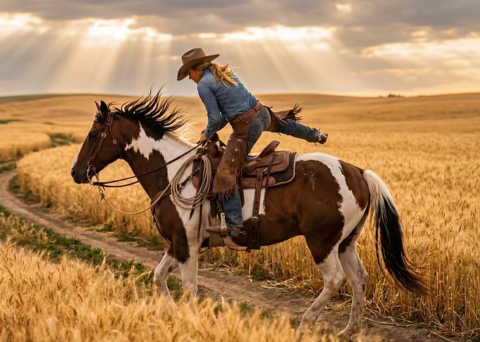 Cowgirl Riding Horse in Wheat Field