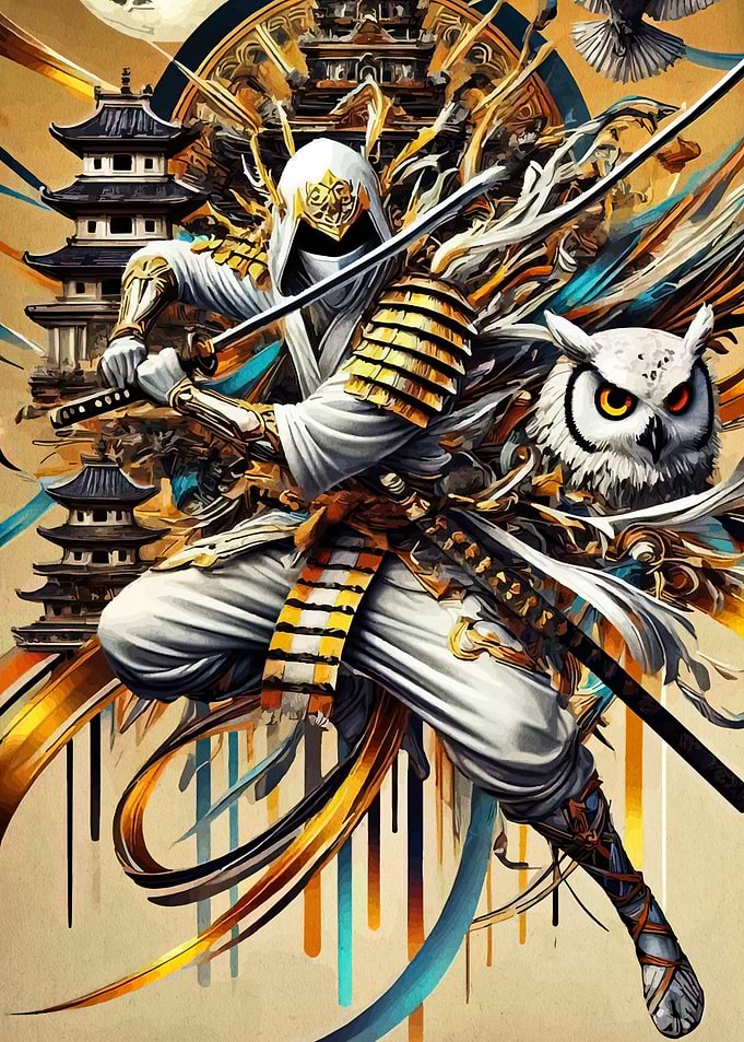 Samurai Warrior with Owl and Pagodas