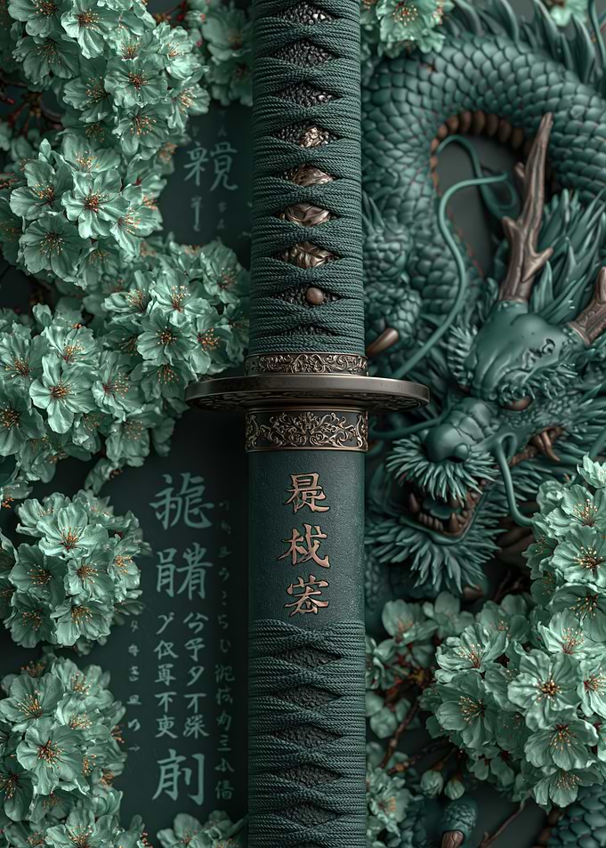 Samurai Sword with Dragon and Cherry Blossoms