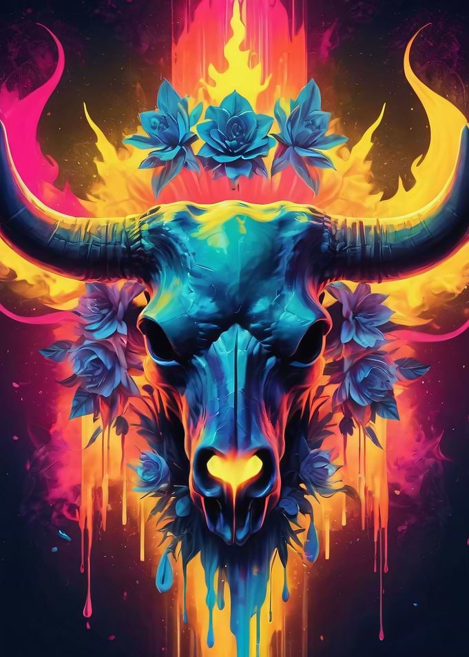 Vibrant Bull Skull with Flowers