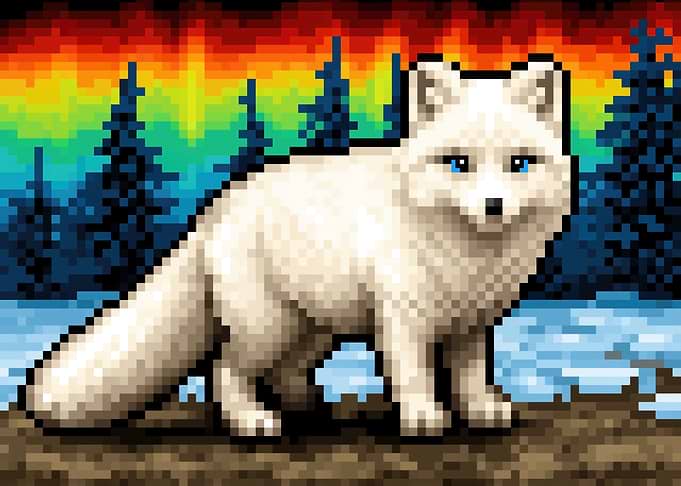 Pixel Art Arctic Fox Under Aurora Borealis
