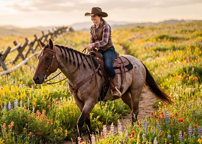 Cowgirl Riding Horse Through Wildflowers