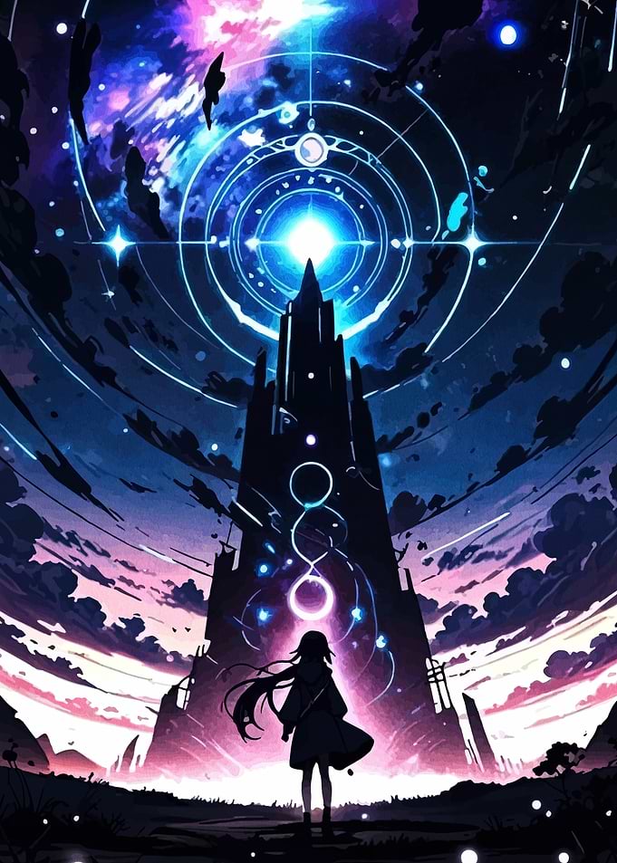 Girl facing a magical tower in space