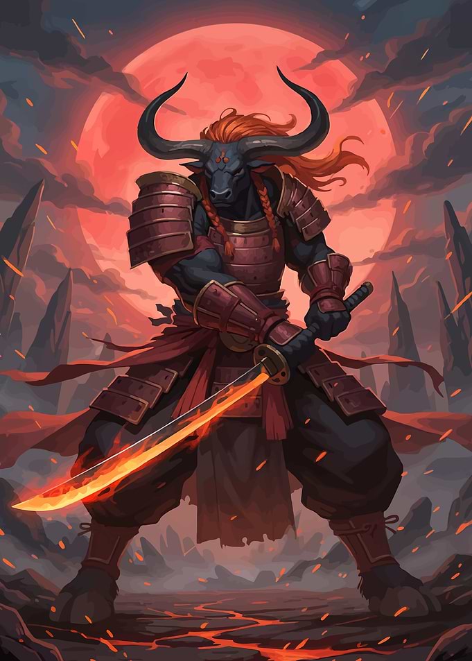 Minotaur Samurai with Fiery Sword