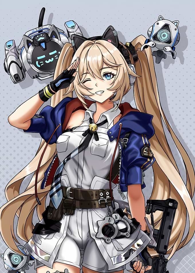Anime Girl with Cat Ears and Robots