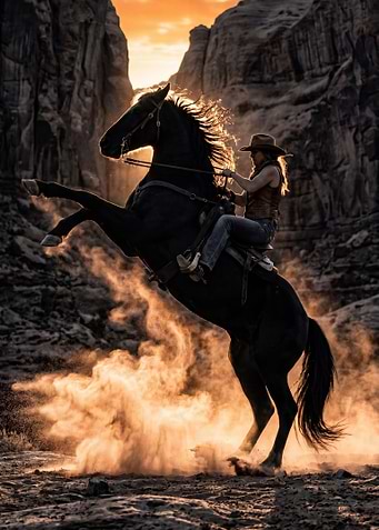 Cowgirl and Rearing Horse in Desert Sunset
