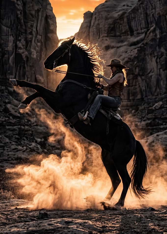 Cowgirl and Rearing Horse in Desert Sunset