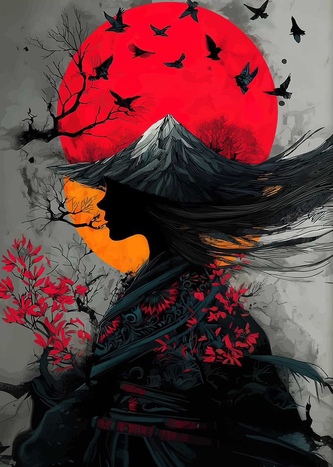 Samurai Woman Under Red Moon
