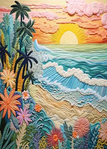 Embroidery Tropical Sunset Beach Scene