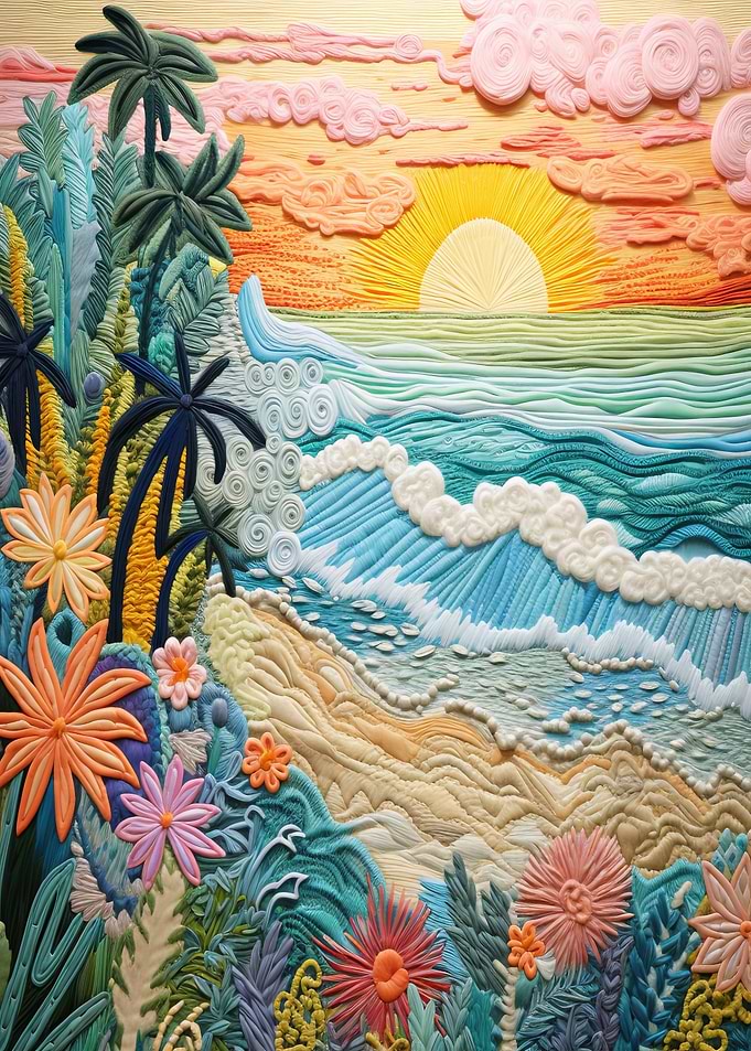 Embroidery Tropical Sunset Beach Scene
